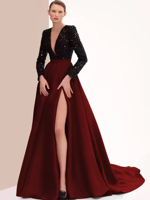 Robe de soirée en satin col en V manches longues fermeture éclair fendue sur le devant robe de soirée formelle
