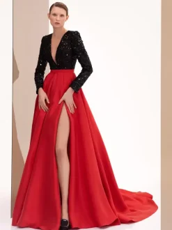 Robe de soirée en satin col en V manches longues fermeture éclair fendue sur le devant robe de soirée formelle