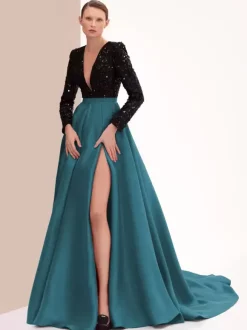Robe de soirée en satin col en V manches longues fermeture éclair fendue sur le devant robe de soirée formelle