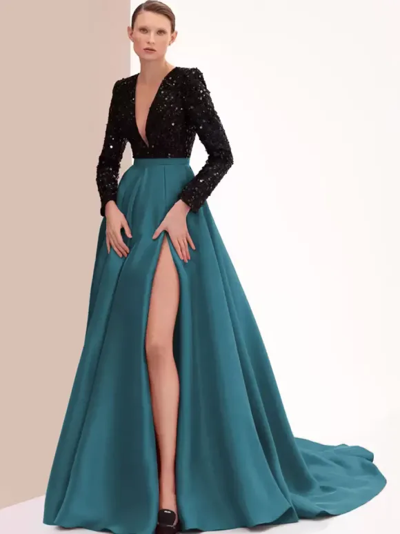 Robe de soirée en satin col en V manches longues fermeture éclair fendue sur le devant robe de soirée formelle