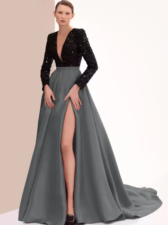 Robe de soirée en satin col en V manches longues fermeture éclair fendue sur le devant robe de soirée formelle