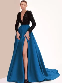 Robe de soirée en satin col en V manches longues fermeture éclair fendue sur le devant robe de soirée formelle