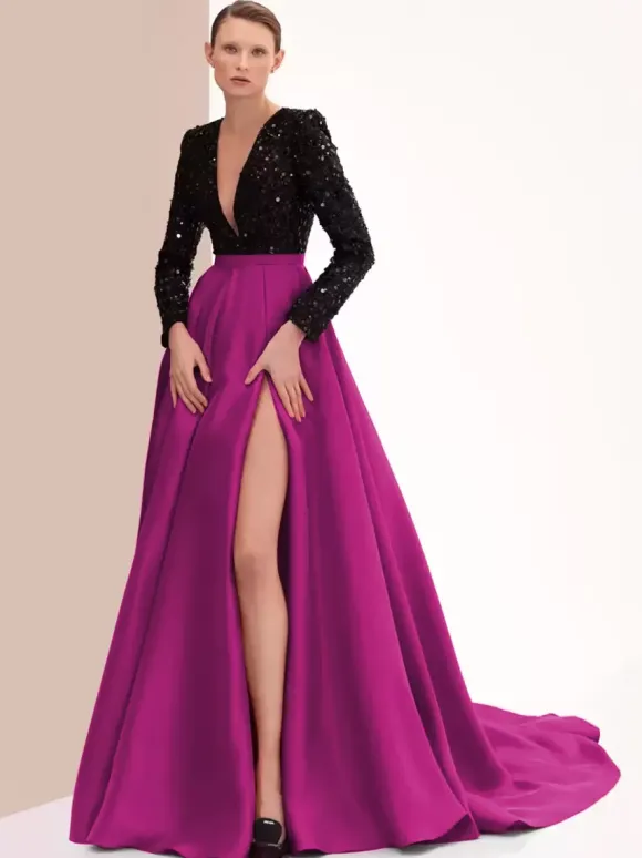 Robe de soirée en satin col en V manches longues fermeture éclair fendue sur le devant robe de soirée formelle