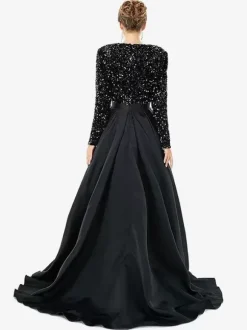 Robe de soirée en satin col en V manches longues fermeture éclair fendue sur le devant robe de soirée formelle