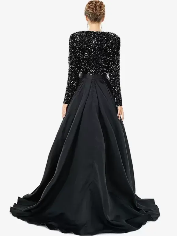 Robe de soirée en satin col en V manches longues fermeture éclair fendue sur le devant robe de soirée formelle
