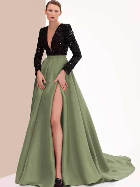 Robe de soirée en satin col en V manches longues fermeture éclair fendue sur le devant robe de soirée formelle