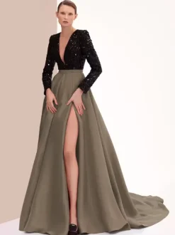 Robe de soirée en satin col en V manches longues fermeture éclair fendue sur le devant robe de soirée formelle
