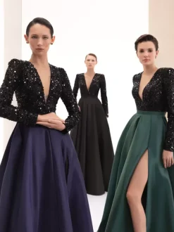 Robe de soirée en satin col en V manches longues fermeture éclair fendue sur le devant robe de soirée formelle