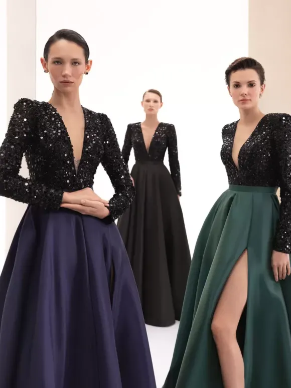 Robe de soirée en satin col en V manches longues fermeture éclair fendue sur le devant robe de soirée formelle