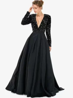 Robe de soirée en satin col en V manches longues fermeture éclair fendue sur le devant robe de soirée formelle