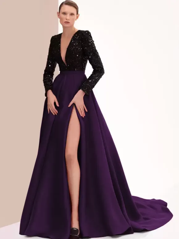 Robe de soirée en satin col en V manches longues fermeture éclair fendue sur le devant robe de soirée formelle