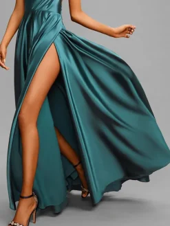 Robe de soirée en satin de soie stretch A-ligne col en V longueur au sol fendu devant