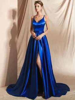 Robe de soirée en satin de soie stretch A-ligne col en V longueur au sol fendu devant