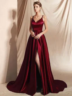 Robe de soirée en satin de soie stretch A-ligne col en V longueur au sol fendu devant