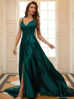 Robe de soirée en satin de soie stretch A-ligne col en V longueur au sol fendu devant