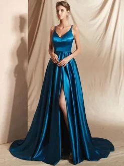 Robe de soirée en satin de soie stretch A-ligne col en V longueur au sol fendu devant