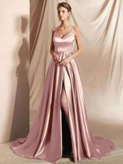 Robe de soirée en satin de soie stretch A-ligne col en V longueur au sol fendu devant