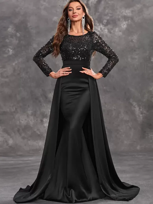 Robe de soirée en satin à paillettes robe de bal col en V avec traîne manches longues fermeture éclair tissu satiné robes de soirée formelles