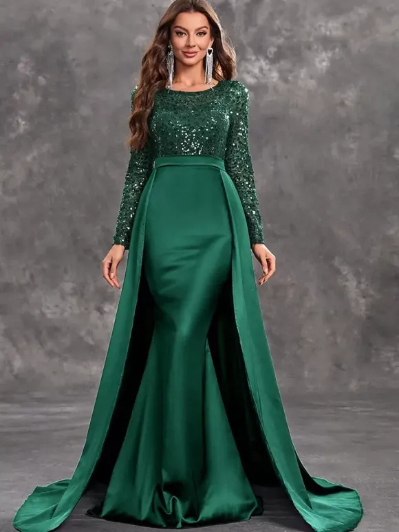 Robe de soirée en satin à paillettes robe de bal col en V avec traîne manches longues fermeture éclair tissu satiné robes de soirée formelles