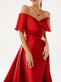 Robe de soirée en satin plissé décolleté en V manches mi-longues fermeture éclair robe de soirée formelle