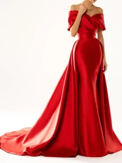 Robe de soirée en satin plissé décolleté en V manches mi-longues fermeture éclair robe de soirée formelle