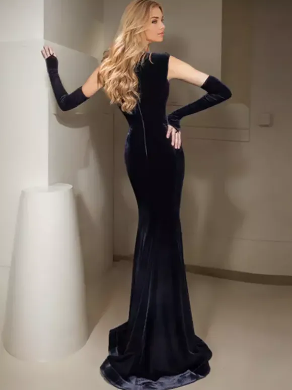 Robe de soirée en velours coréen à col en c艙ur avec traîne plissée robe de soirée formelle