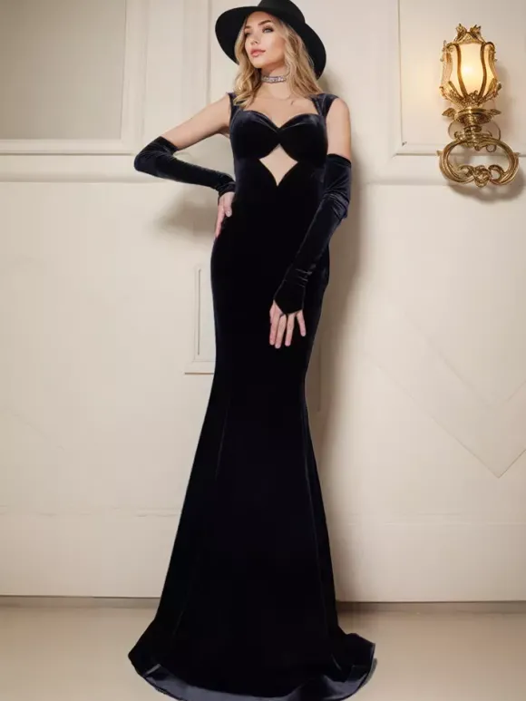 Robe de soirée en velours coréen à col en c艙ur avec traîne plissée robe de soirée formelle