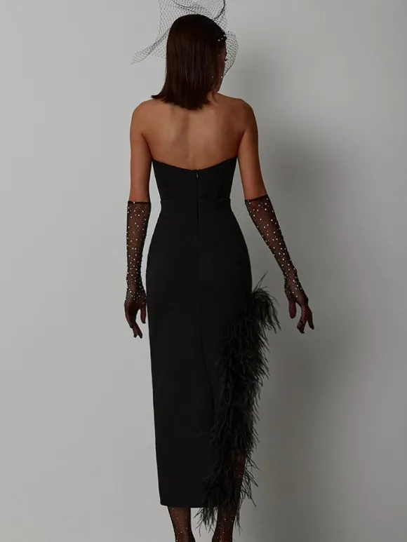 Robe De Soirée Femmes Décolletée Chic Plumes Sans Manches En Polyester Asymétrique Sexy