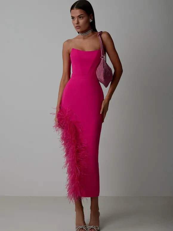 Robe De Soirée Femmes Décolletée Chic Plumes Sans Manches En Polyester Asymétrique Sexy