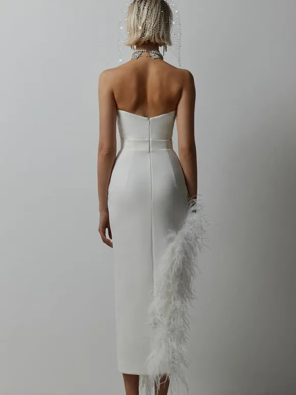 Robe De Soirée Femmes Décolletée Chic Plumes Sans Manches En Polyester Asymétrique Sexy