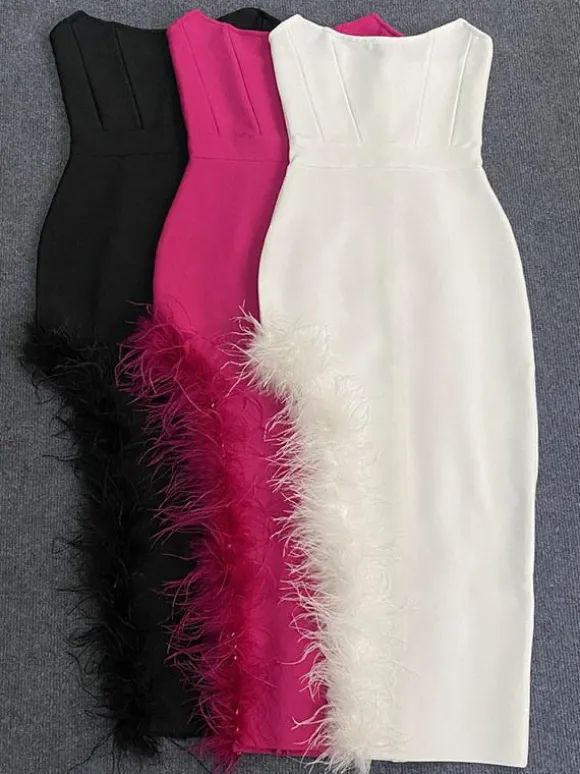 Robe De Soirée Femmes Décolletée Chic Plumes Sans Manches En Polyester Asymétrique Sexy