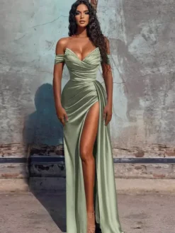 Robe de soirée fourreau col en V en tissu satiné longueur au sol robes de dîner formelles