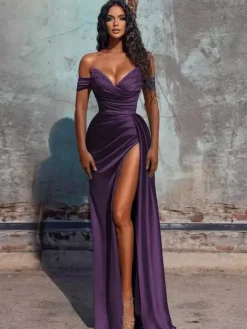 Robe de soirée fourreau col en V en tissu satiné longueur au sol robes de dîner formelles
