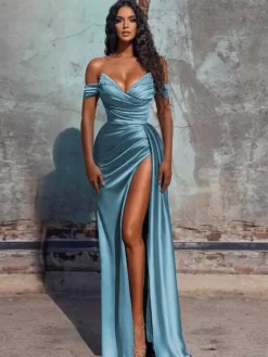 Robe de soirée fourreau col en V en tissu satiné longueur au sol robes de dîner formelles