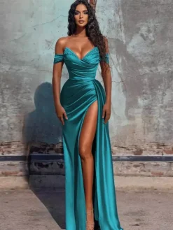 Robe de soirée fourreau col en V en tissu satiné longueur au sol robes de dîner formelles
