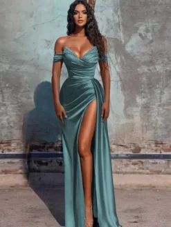 Robe de soirée fourreau col en V en tissu satiné longueur au sol robes de dîner formelles