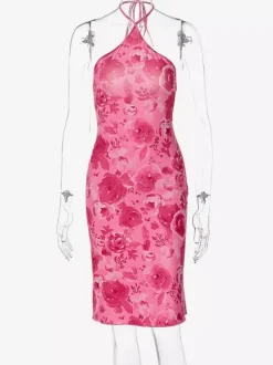 Robe de soirée imprimée rose sans manches dos nu