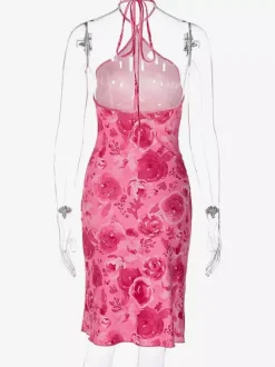 Robe de soirée imprimée rose sans manches dos nu