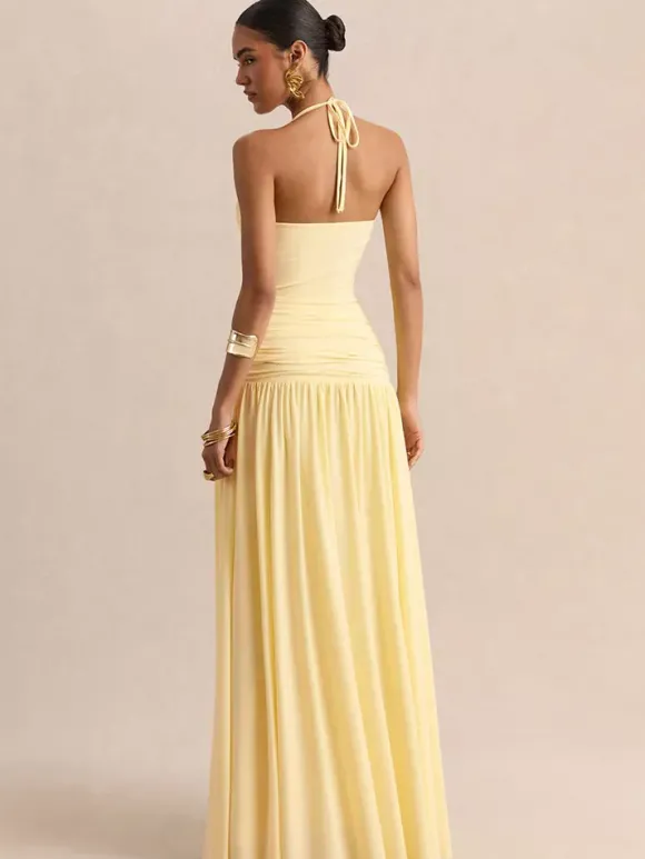 Robe de soirée jaune à bretelles col et manches courtes style semi-formel sexy
