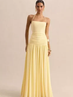 Robe de soirée jaune à bretelles col et manches courtes style semi-formel sexy