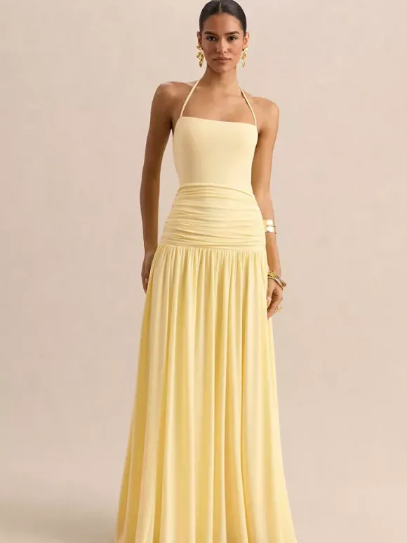 Robe de soirée jaune à bretelles col et manches courtes style semi-formel sexy