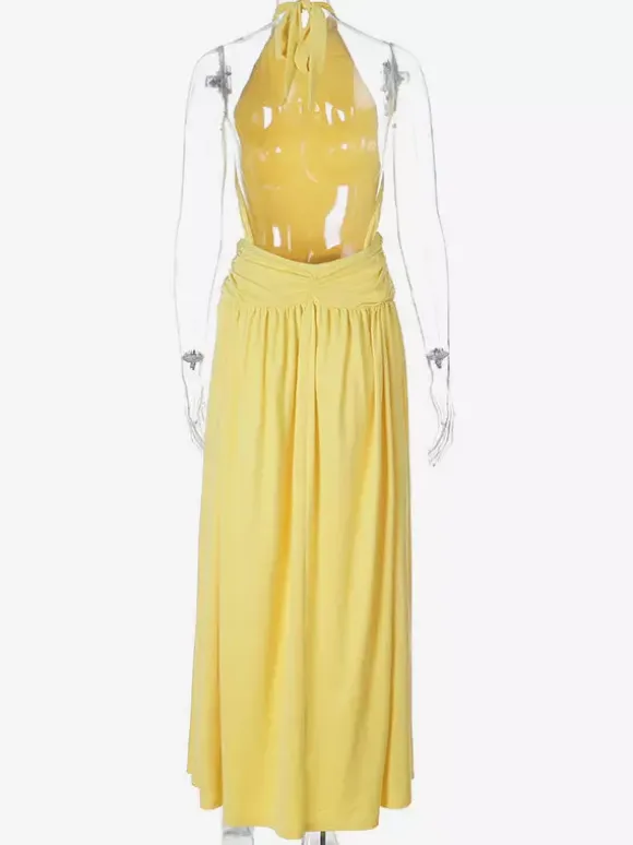 Robe de soirée jaune maxi dos nu sans manches à taille froncée longue et fluide
