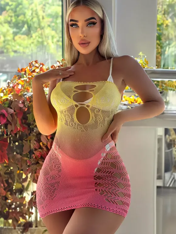 Robe de soirée jaune sans bretelles découpes sans manches effet ombré sexy