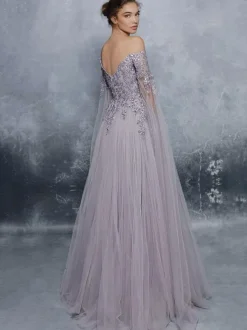 Robe de soirée lavande en tulle bustier en dentelle manche longue transparent au sol zip sur dos robe de cérémonie