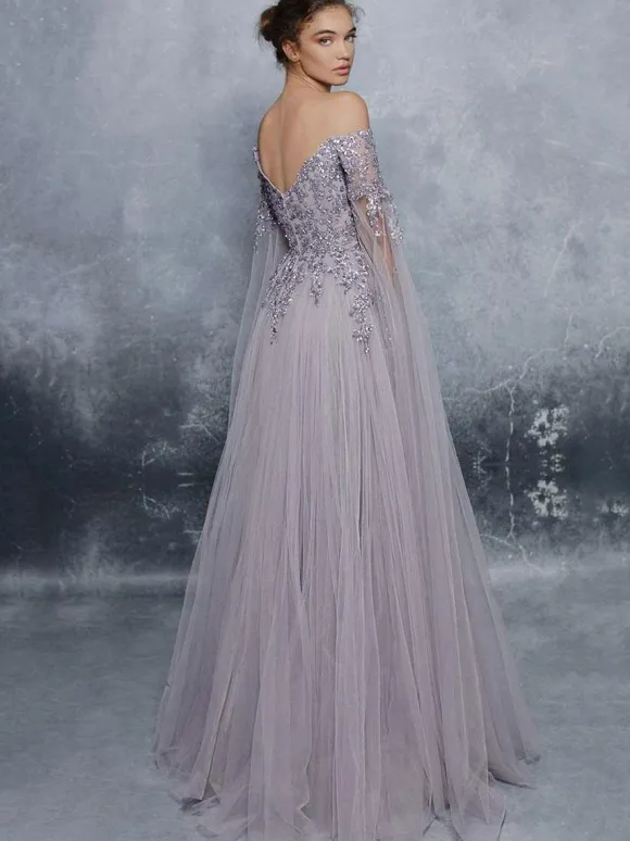 Robe de soirée lavande en tulle bustier en dentelle manche longue transparent au sol zip sur dos robe de cérémonie