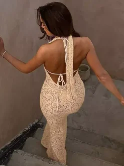 Robe de soirée longue abricot à col V en dentelle sans manches élégante et semi-formelle