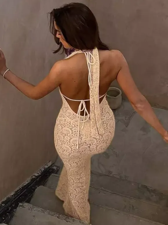 Robe de soirée longue abricot à col V en dentelle sans manches élégante et semi-formelle