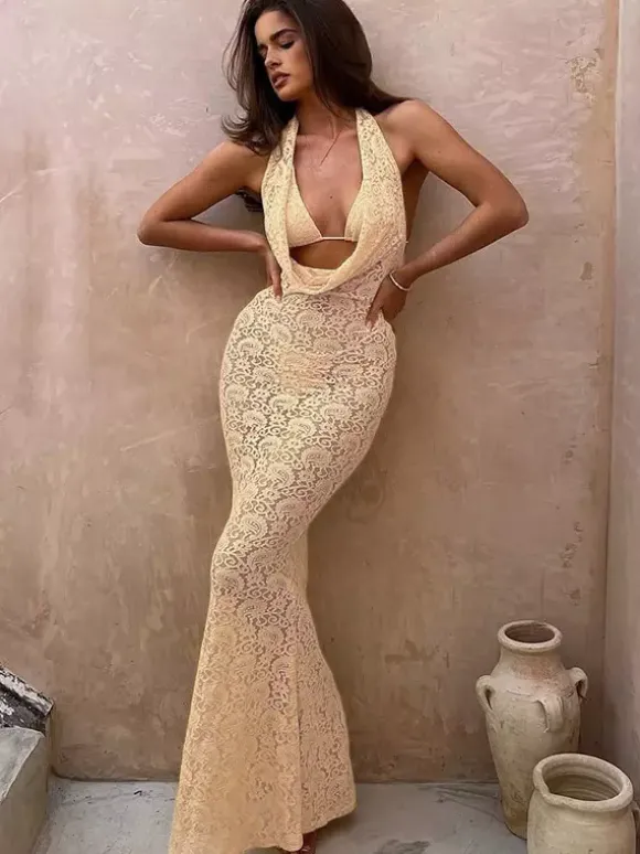 Robe de soirée longue abricot à col V en dentelle sans manches élégante et semi-formelle