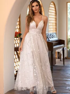 Robe de soirée longue avec décalcomanies en étoile col en V ligne A fente haute robe nuisette pour femme 2026