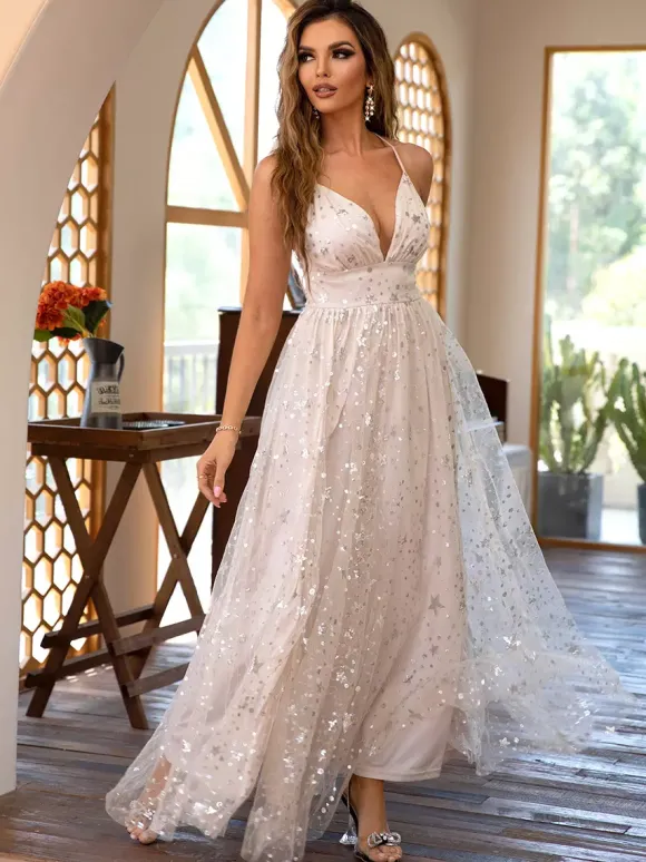 Robe de soirée longue avec décalcomanies en étoile col en V ligne A fente haute robe nuisette pour femme 2026